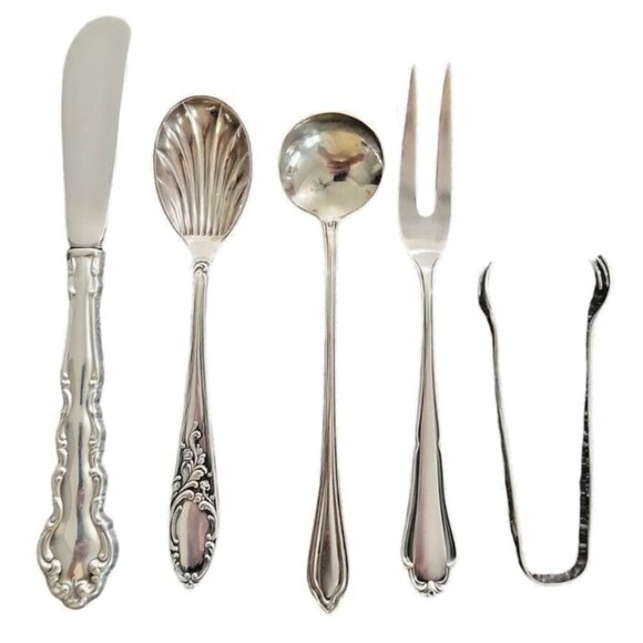 Vintage Lot of 5 Silver Serving Pieces Spoon Fork Ladle Tongs Butter Spreader - Picture 1 of 9